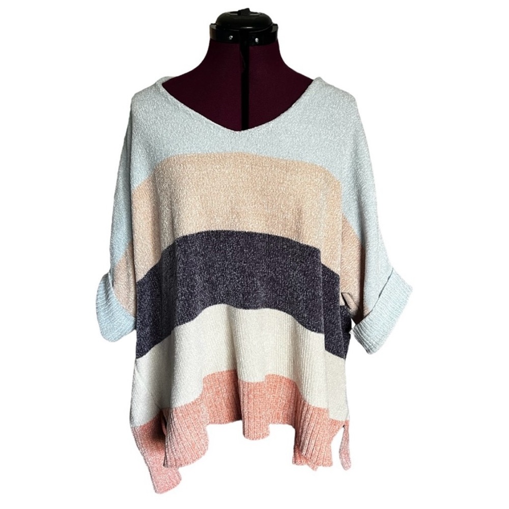 DAVI & DANI - Oversized Chenille Pastel Striped Color Block Sweater (Size S)